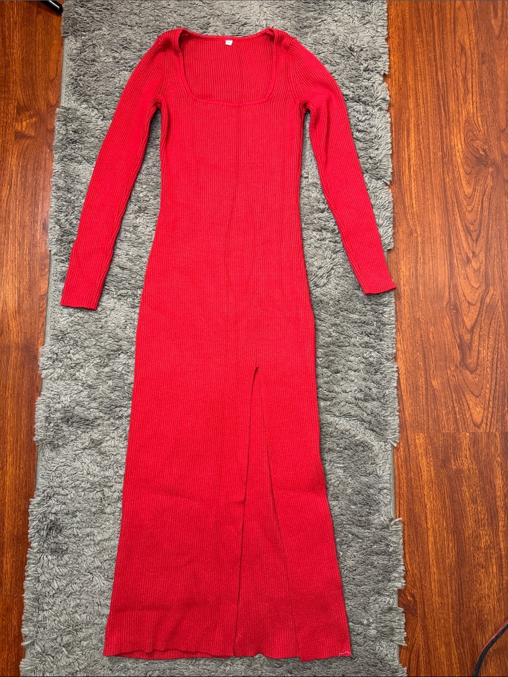 Amazon Red Ribbed Knit Square Neck Maxi Sweater Dress W/Side Split-  NWOT
